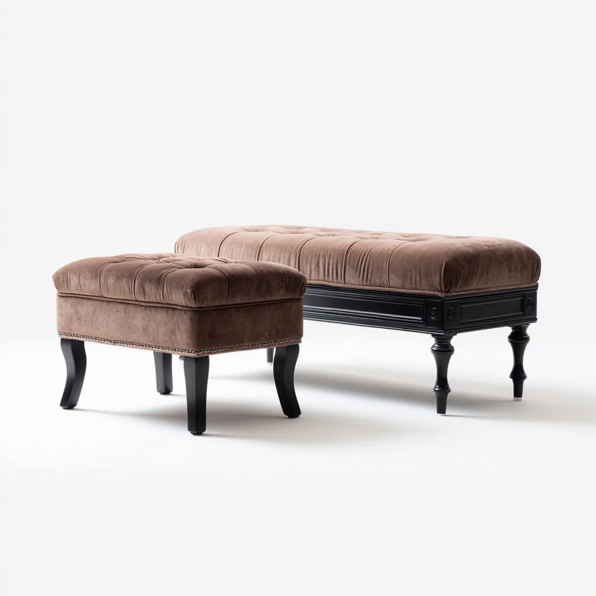 Bettbank Set 2-teilig Braun Schwarz Samt Polyester Massivholz Rechteckig 140 x 45 x 48 cm und 65 x 45 x 47 cm