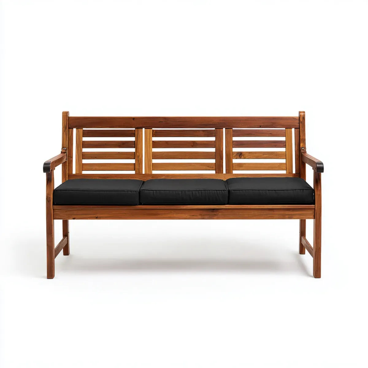 Flurbank 3-Sitzer Braun Schwarz 150 x 65 x 90 cm aus massivem Akazienholz mit PU-Kunstlederkissen