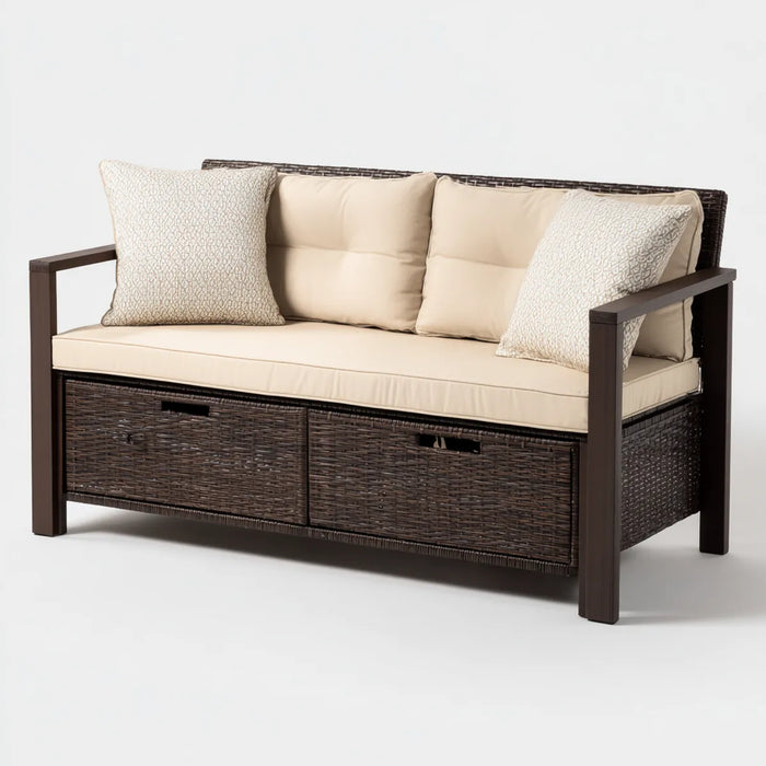Flurbank mit Stauraum Dunkelbraun Beige 130 x 60 x 85 cm PE-Rattan Rechteckig